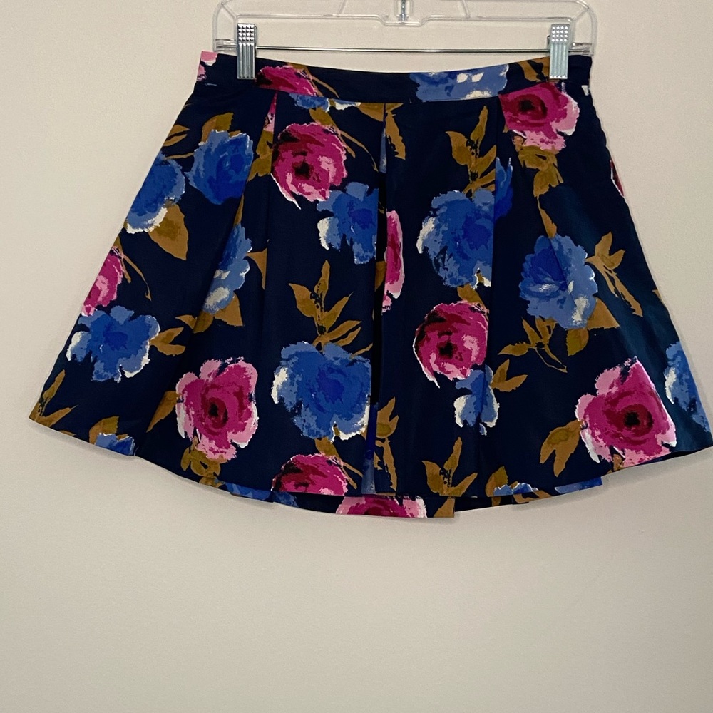 Blue and pink floral print pleated skater skirt